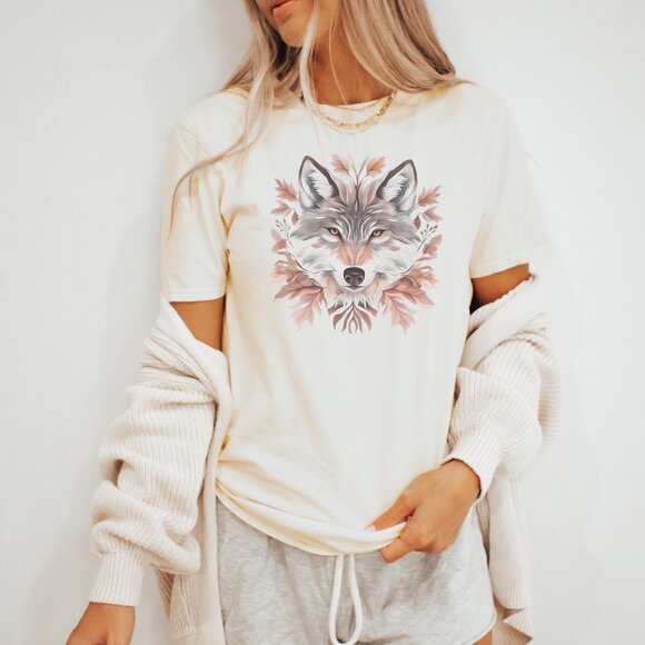 Wolf Art Shirt Autumn Leaves Animal Graphic Nature Earthy Tones Tee - Picture 3 of 6